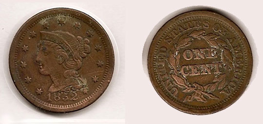 1852 jumbo 1 cent us coin