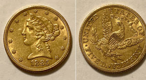 1885 $5 dollar gold liberty head coin
