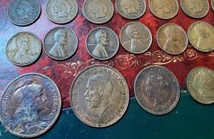 closeup foreign coins